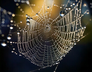 Droplets resting on spider web with bokeh background