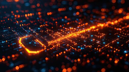Wall Mural - a close up view of an abstract circuit board with orange and blue light emitting diodes on a dark su