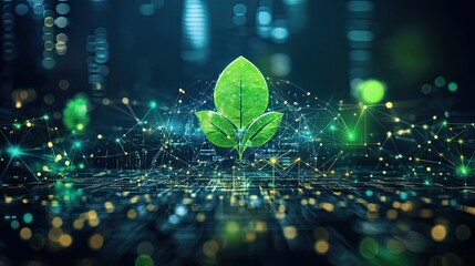 Wall Mural - green leaves symbol on digital network with glowing dots and lines in a dark background