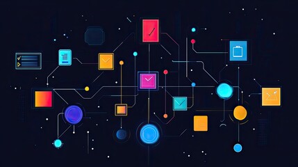 Wall Mural - abstract network with colorful squares and circles connected by lines on a dark background