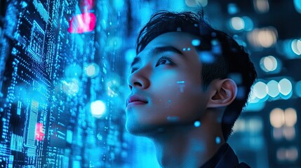 Wall Mural - man looking up at digital interface with blue light and bokeh effect in the background at night time