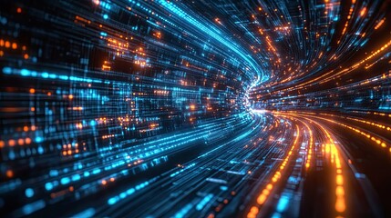 Wall Mural - a digital tunnel with blue and orange light streaks converging towards a central vanishing point