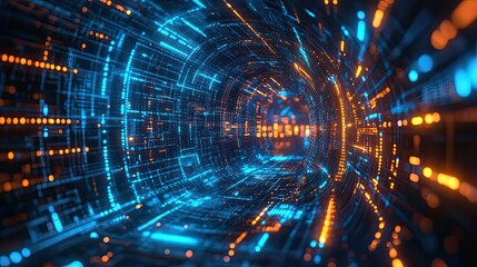Wall Mural - abstract digital tunnel with blue and orange glowing lights creating depth and perspective view