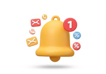 Wall Mural - illustrations of a yellow notification bell with icons, isolated on white background