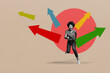 © deagreez - Collage design composite trend artwork sketch of young woman run smile arrow show different way strategy way job point target opportunity