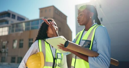 Poster - Conversation, architecture and women with tablet, outdoor and teamwork with support. Blueprint proposal, construction site or engineering with employees, tech or cooperation with schedule for project