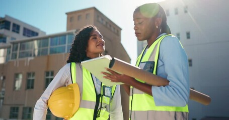 Poster - Discussion, engineering and women with tablet, outdoor or teamwork with support. People, construction site or architecture with tech, renovations or conversation with schedule for project or New York