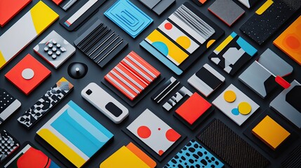 An overhead shot of colorful geometric shapes and objects arranged on a dark gray surface creating pattern