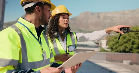 Poster - Teamwork, inspection or people on site for talking, construction plan and project management. Clipboard, building or architects in renovation for city development with checklist or engineering safety