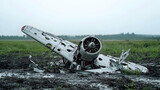 Damaged Military Airplane Wreckage In Field