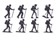 © Roman - Hiking and trekking silhouette set. male and female hikers with backpacks and poles, perfect for outdoor, travel, and adventure design vector illustration