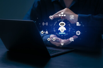 ai agent and generative artificial intelligence concept. businessman using ai agents on screen, incl