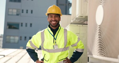Poster - Engineer, happy and face of man on site for building inspection, maintenance and quality control. Construction, contractor and smile on city rooftop for property development and project management