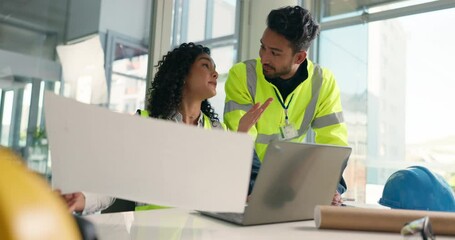 Poster - Collaboration, civil engineer and people with blue print, office and planning for project or design. Teamwork, man and woman with paperwork for layout, colleagues and discussion for architecture
