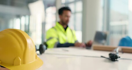 Leinwandbilder - Man, helmet and architect with laptop at office for construction planning or building renovation. Safety equipment, male person or contractor with computer, blue print or gear for industrial design