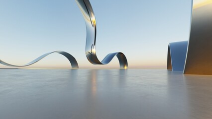Aufkleber - 3d illustration of abstract wavy architecture background, Minimal curved geometry architectural design, Car presentation backdrop with empty concrete floor, Flowing geometric metal building design