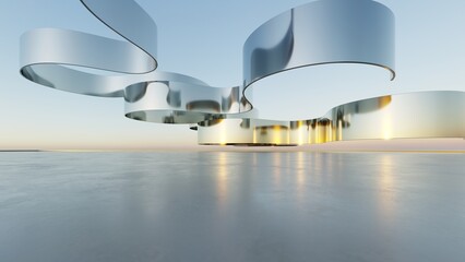 Aufkleber - 3d illustration of abstract wavy architecture background, Minimal curved geometry architectural design, Car presentation backdrop with empty concrete floor, Flowing geometric metal building design