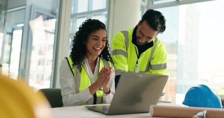 Poster - Civil engineer, high five and people with laptop, success and happy for collaboration or assignment. Excited, architect and positive feedback for design on website, man and woman with smile for tech