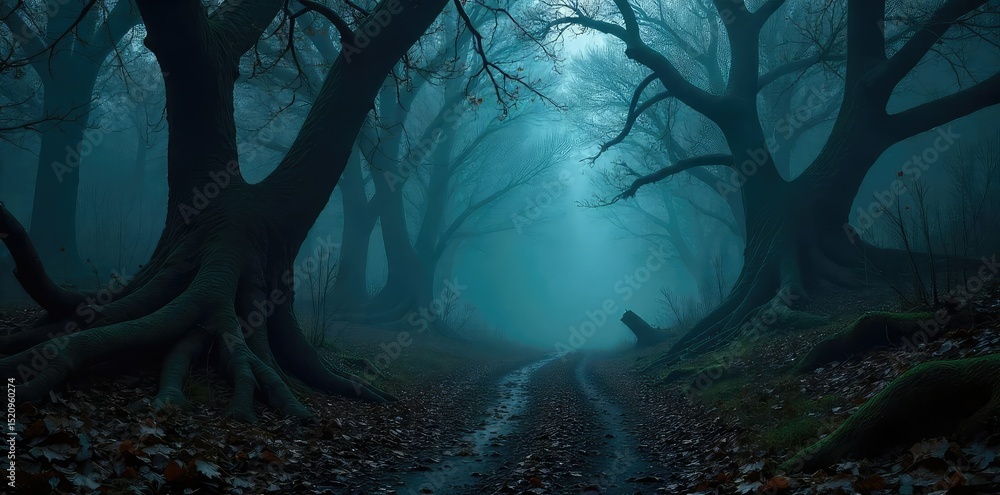 A dark and ominous forest path, shrouded in mist, with gnarled trees ...