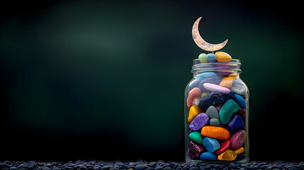 Colorful Stones In A Glass Jar With A Crescent Moon