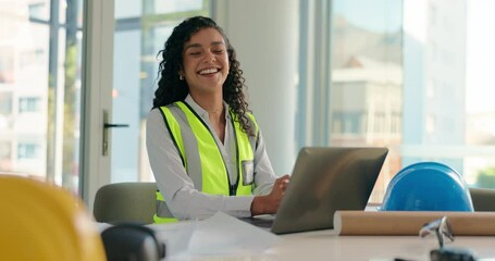 Aufkleber - Woman, laptop and contractor for blueprint with face for planning, architecture and building specs. Construction, renovation or maintenance with online for design or portrait smile for engineering