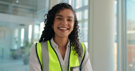 Aufkleber - Face, happy woman or confident architect in office for renovation, engineering or project management. Portrait, smile and proud contractor in construction job for city development with about us