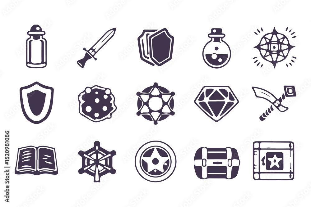 RPG Game Icon Set. Fantasy UI Pictogram Kit with Health Signs, Swords ...