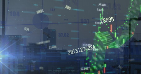 Wall Mural - image of data processing over cityscape