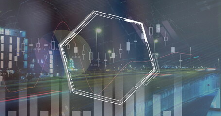 Wall Mural - image of graphs and hexagons over timelapse with night road traffic