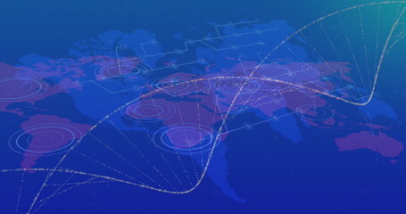Wall Mural - image of dna strand over network of connections and world map