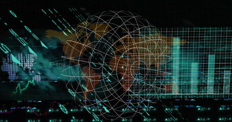 Wall Mural - image of data processing over world map and globe