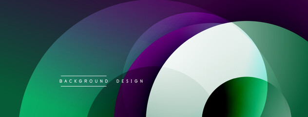 Fototapete - Abstract overlapping circles create dynamic gradient background. Modern design uses vibrant green, purple, white hues. Minimalist aesthetic.