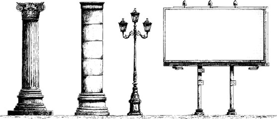 Engraved illustration of concrete column and urban elements for architectural design