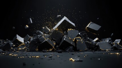 Poster - Minimalist abstract 3D tech scene with scattered metallic fragments and particle lights on black
