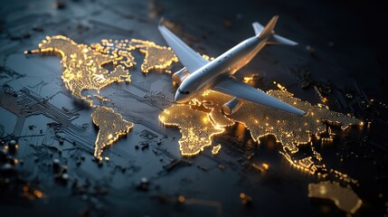 Poster - Logistic world map with light connections and airplane silhouettes over a dark tech background