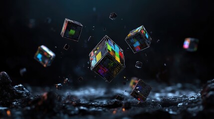 Wall Mural - immersive tech background with floating pixel cubes and glowing grid lights in dark setting