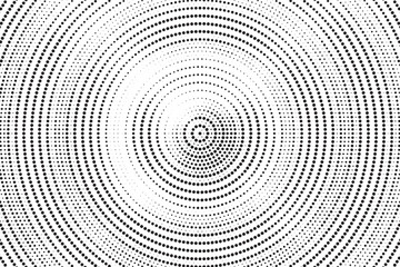 Poster - Radial halftone gradient background. Dotted concentric texture with fading effect. Black and white circle shade wallpaper. Grunge rough vector. Monochrome backdrop