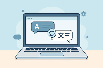 Language translation app on laptop screen for online communication. Digital dictionary and interpreter software concept. Multilingual conversation, global business technology, e-learning tool vector.