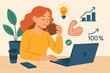 © Katlin - Empowering coffee break boosting productivity. Woman working on laptop, fueled by ideas, strength, and business growth. Achieving 100% success concept. Freelancer or office worker vector illustration.