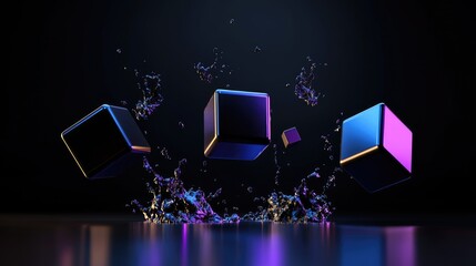 Wall Mural - dark abstract space with digital cubes in motion glowing in purple-blue gradients