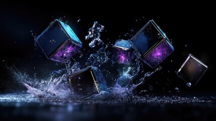 Wall Mural - dark abstract space with digital cubes in motion glowing in purple-blue gradients