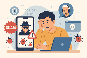 Online scam warning concept. Cybersecurity threat. Internet fraud with hacker, computer virus bugs, phishing alert, malware infection, data theft, identity protection, safe browsing illustration