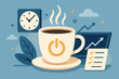 © Katlin - Morning Coffee Break Motivation. Productivity Boost. Cup of Hot Coffee With Power Symbol. Office Desk. Time Management. Checklist. Growth Chart. Business Success Concept. Flat Vector Illustration