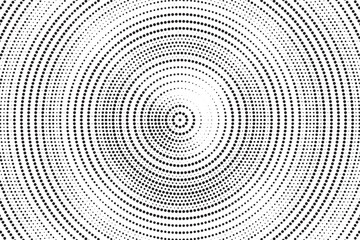 Poster - Radial halftone gradient background. Dotted concentric texture with fading effect. Black and white circle shade wallpaper. Grunge rough vector. Monochrome backdrop
