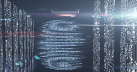 Wall Mural - image of computer circuit board over data processing on black background
