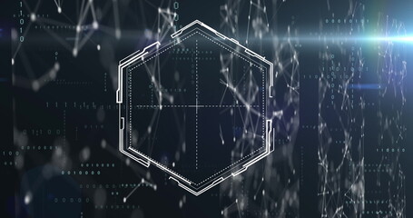 Wall Mural - image of hexagon, lights and connections over black background