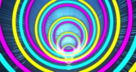 Wall Mural - Image of purple, yellow and mint neon circles moving over blue background with data processing