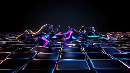 Poster - Abstract 3D grid with moving neon splashes, dark night cyberspace illuminated by light trails