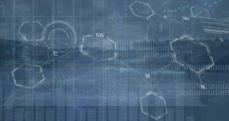 Wall Mural - image of chemical formula and data processing over landscape