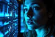 © starush - Woman analyzing data on a digital screen with futuristic blue lighting